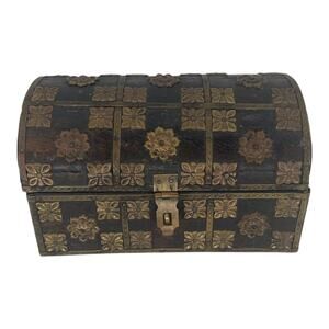 Vintage Wooden Jewelry Box Chest Brass Floral Overlay Trinket Box Hinged Lid